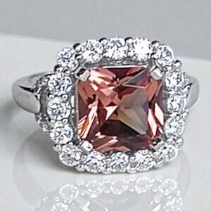 Vintage 925 Silver Pink Crystal Ring Chunky Statement Cocktail  Faux Morganite